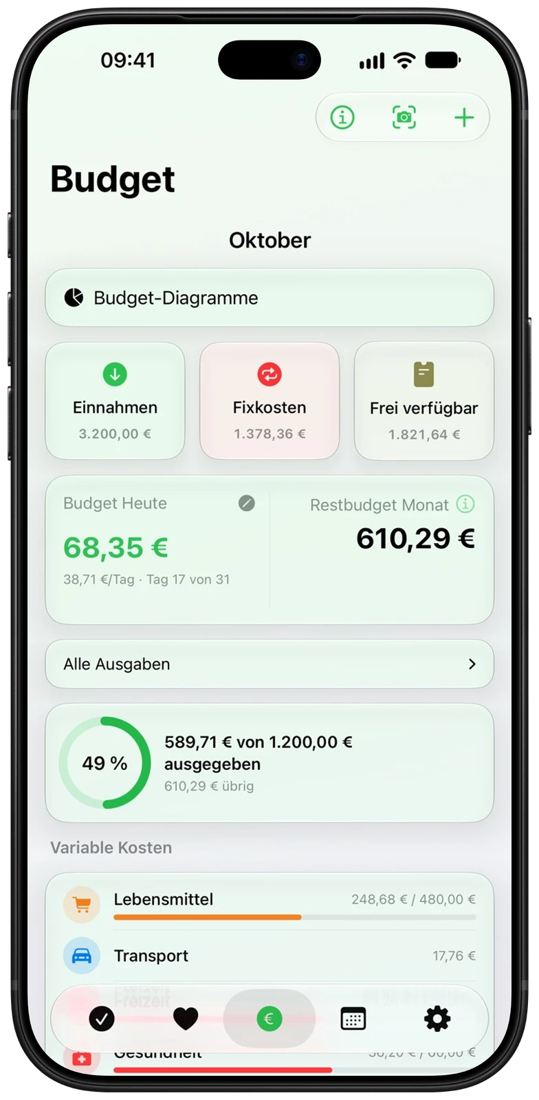 Budgetübersicht der heatin App