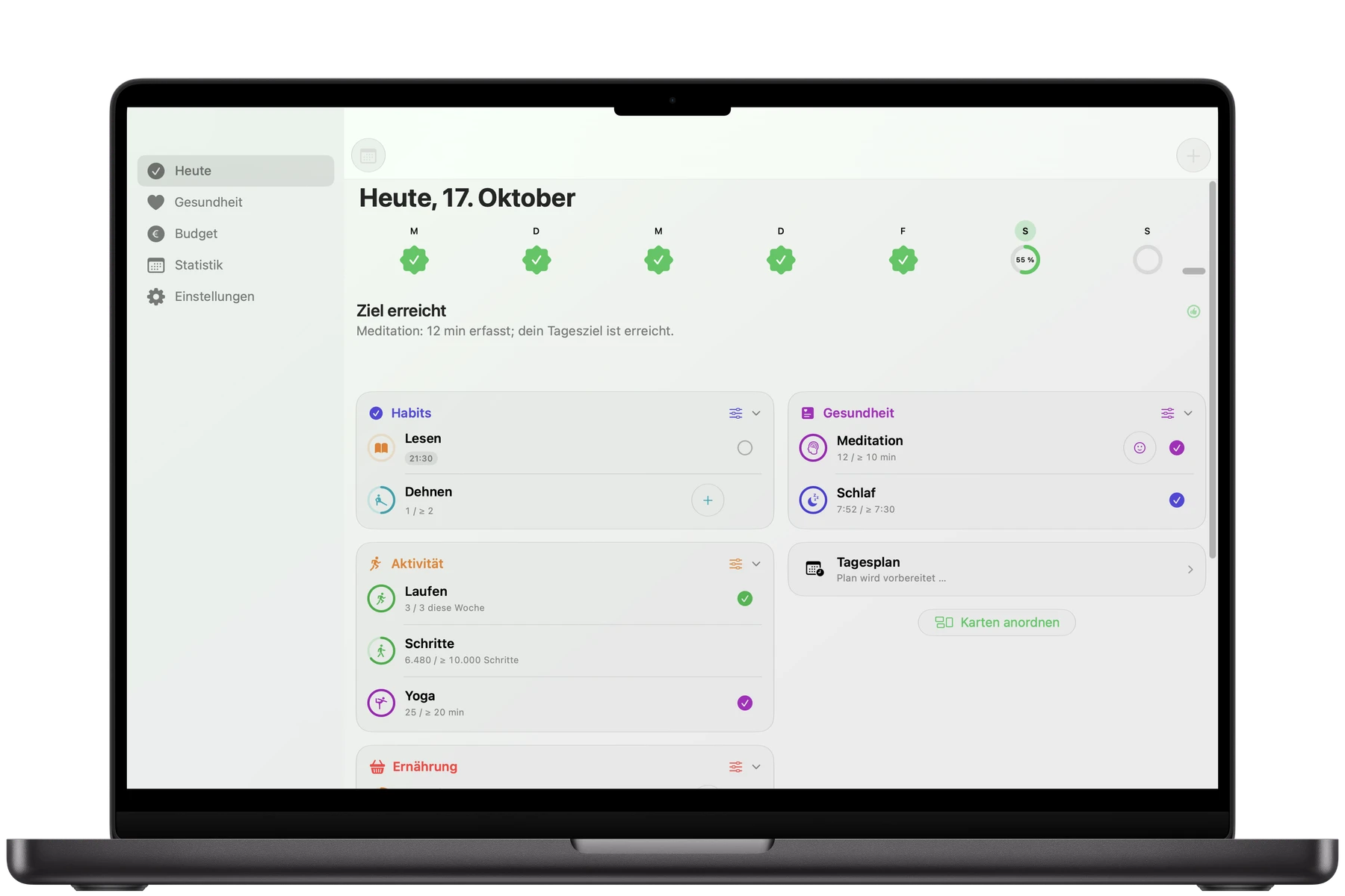 heatin mit Seitenleiste und Tagesübersicht auf dem MacBook Pro